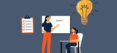 A cartoon image shows a teacher standing in front of a whiteboard that says "Lesson 1" and gesturing towards a student sitting at a desk