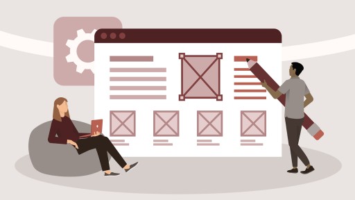 A digital illustration depicts two people collaborating on web design