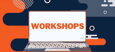 Graphic of a laptop with text on it that says Workshops